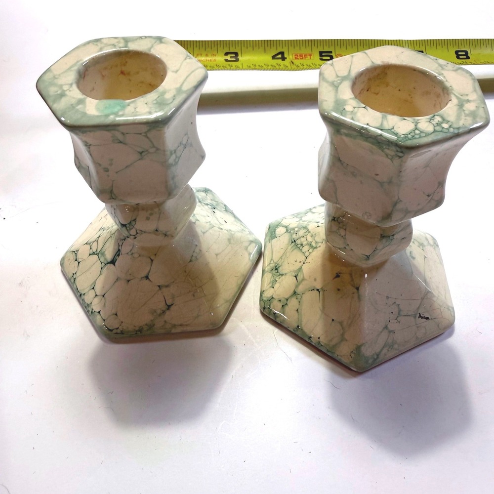 Vintage PartyLite Green Marbled Ceramic Taper Candlestick Holders Set of 2 4in - Picture 4 of 6